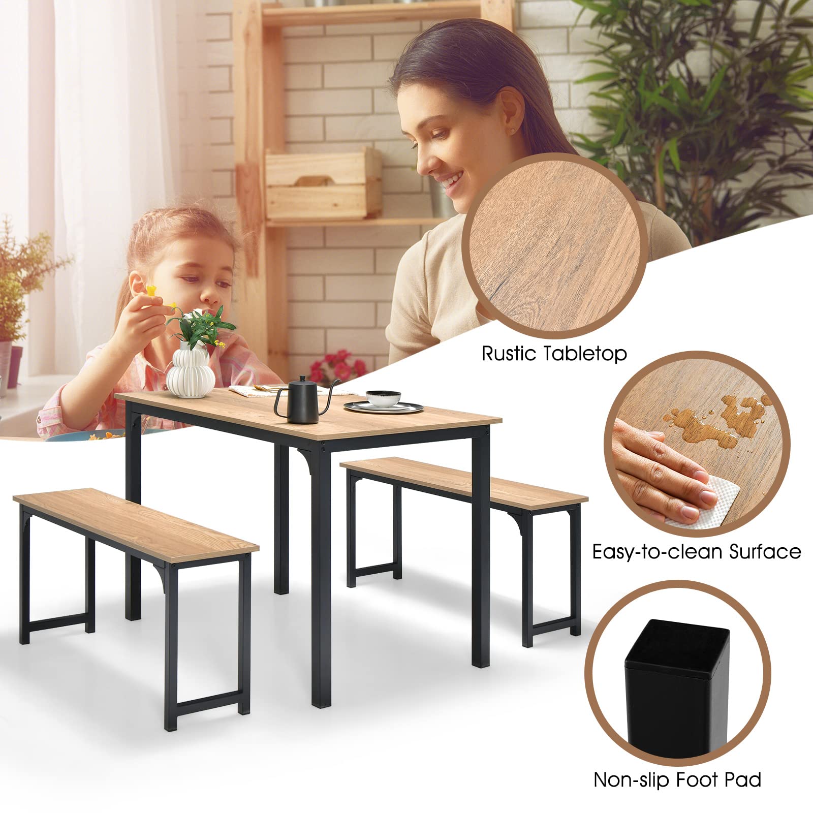 KOMFOTT Dining Table Set for 4, 3-Piece Kitchen Table with 2 Benches
