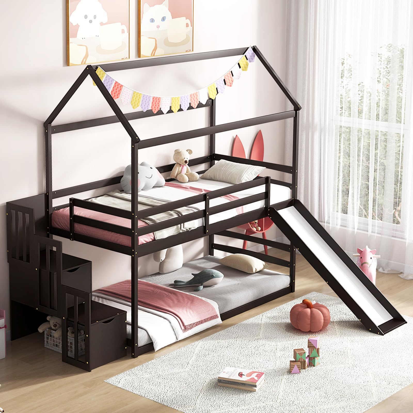 KOMFOTT Wood Twin Over Twin House Bunk Bed with Slide & Storage Staircase