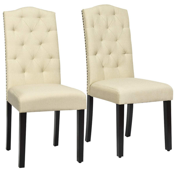 Set of 2 Tufted Fabric Dining Chairs, Beige, Durable, Adjustable