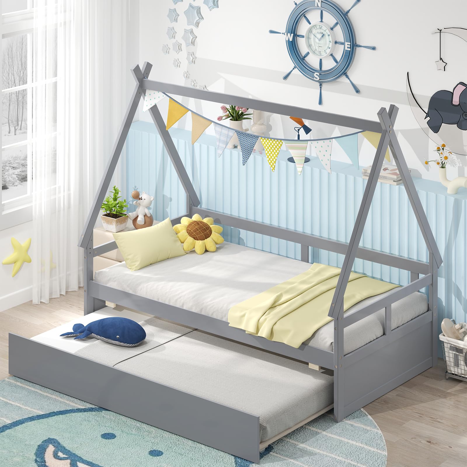 KOMFOTT Twin Size Wood House Bed with Trundle