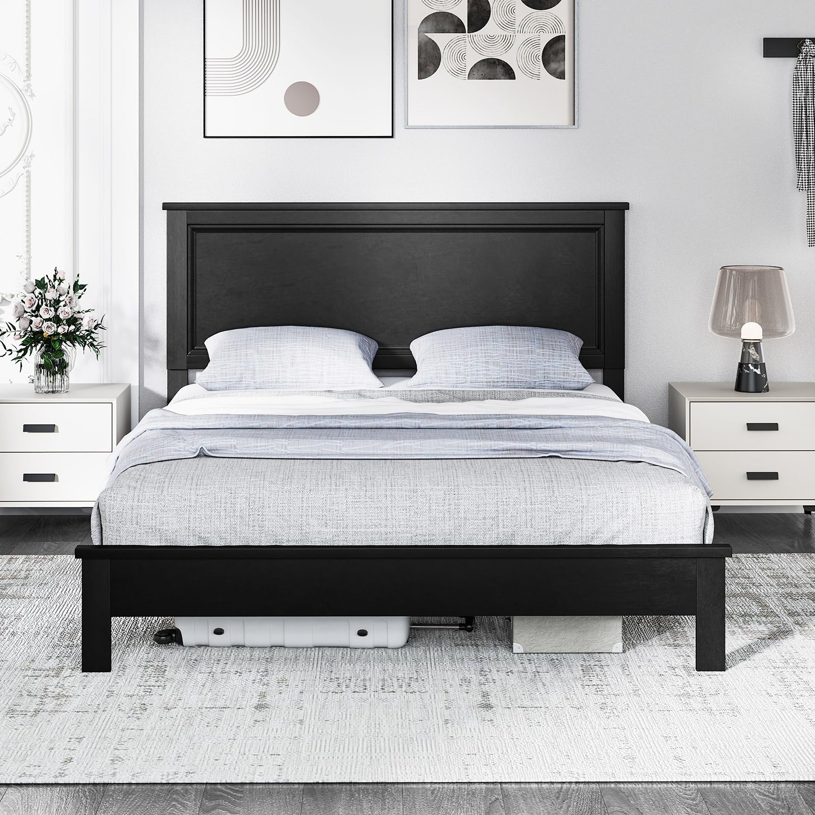 KOMFOTT Mid-Century Modern Platform Bed with Headboard, Solid Wood Legs