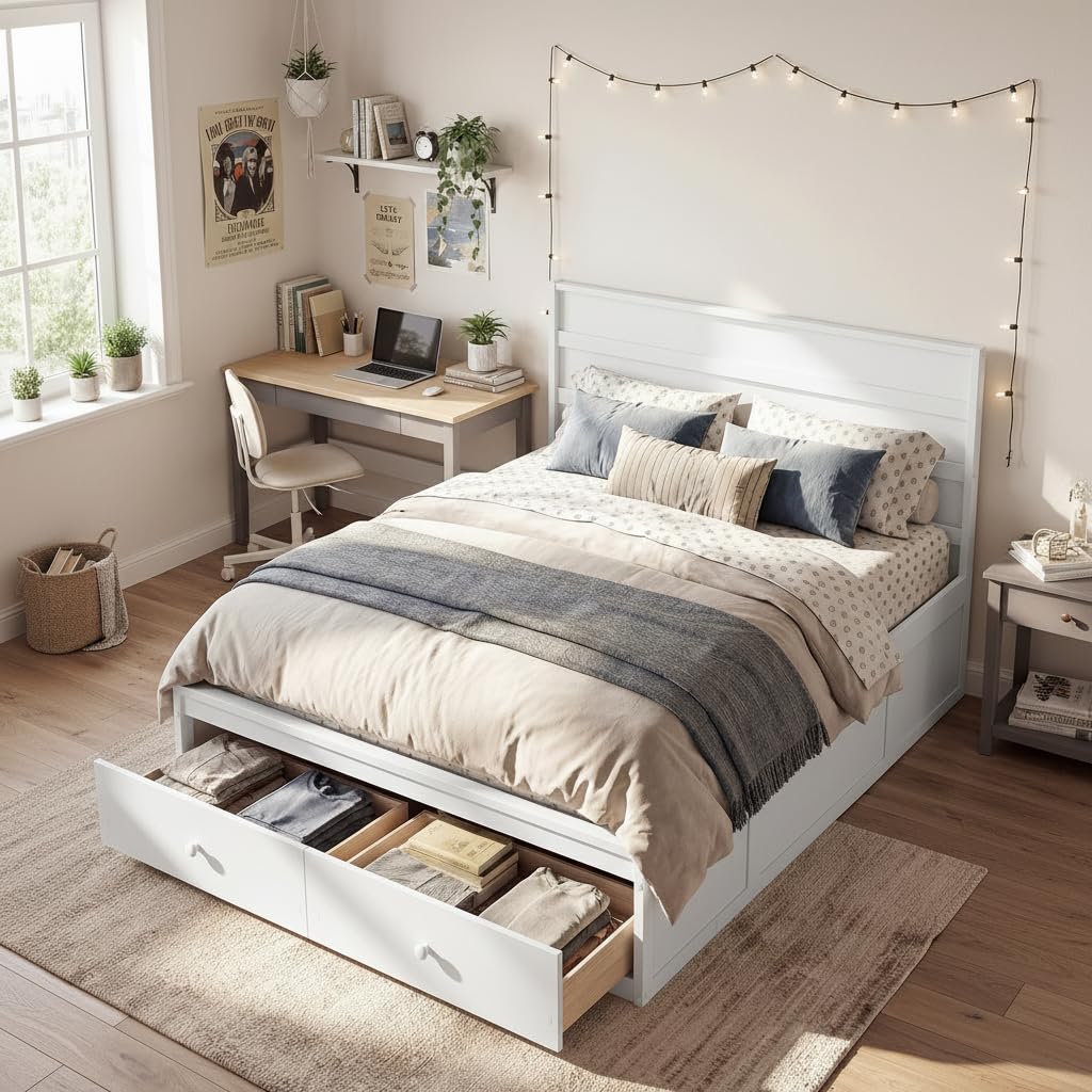 KOMFOTT Twin/Full Size Bed Frame with 2 Storage Drawers
