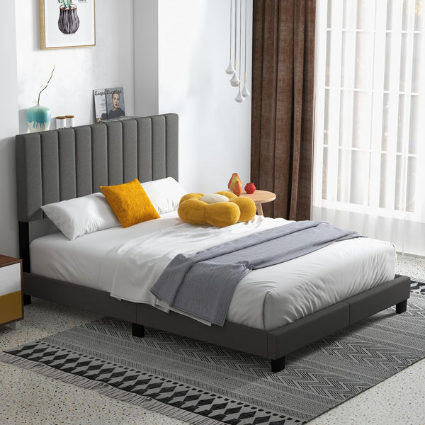 KOMFOTT Queen Size Upholstered Bed Frame, Modern Platform Bed with Vertical Channel Tufted Headboard