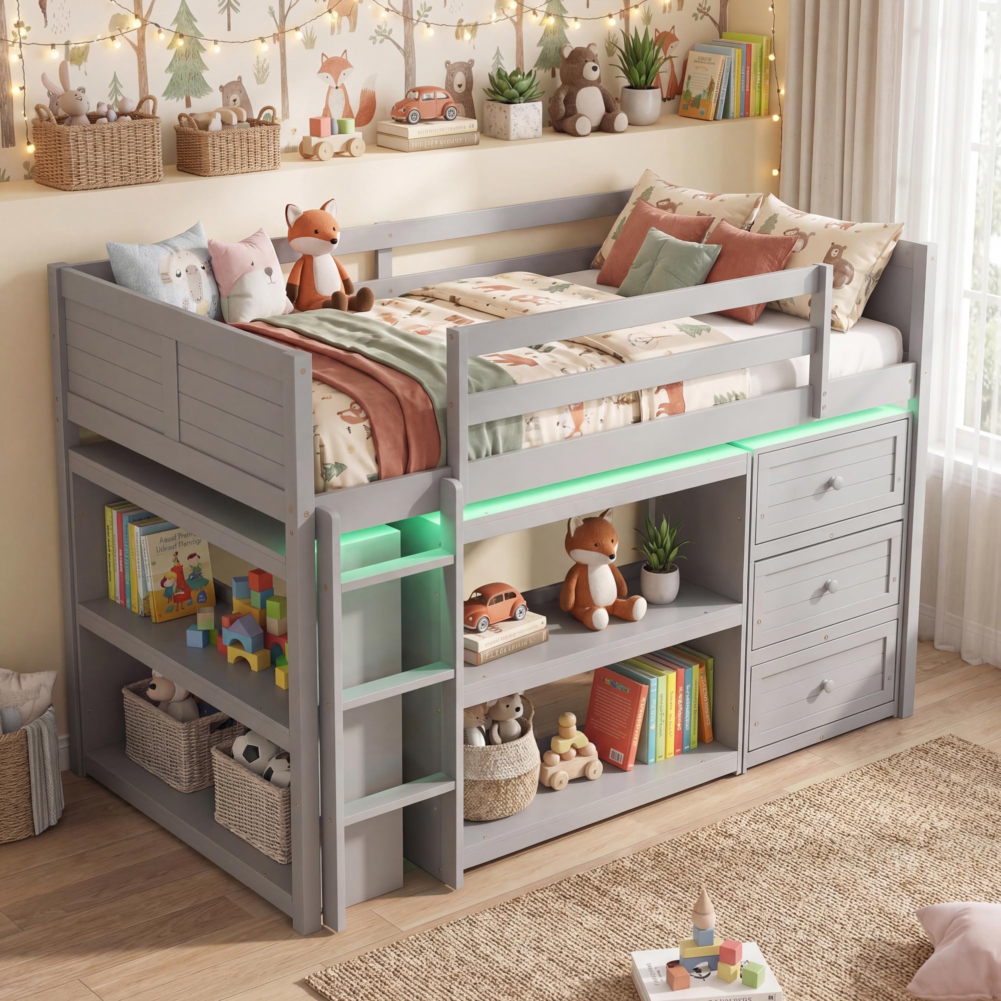 KOMFOTT Twin Low Loft Bed with LED Lights Modern Loft Bed