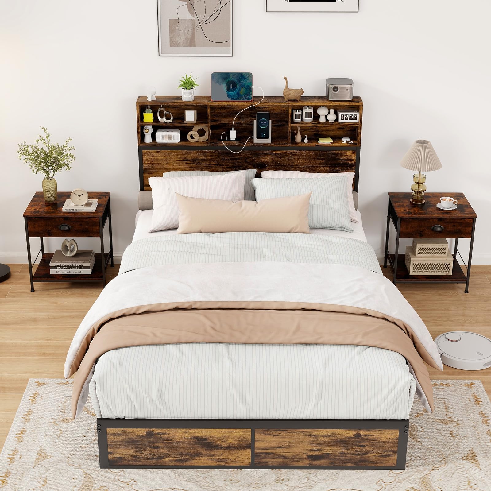 KOMFOTT Metal Platform Bed Frame with Storage Headboard & Charging Station