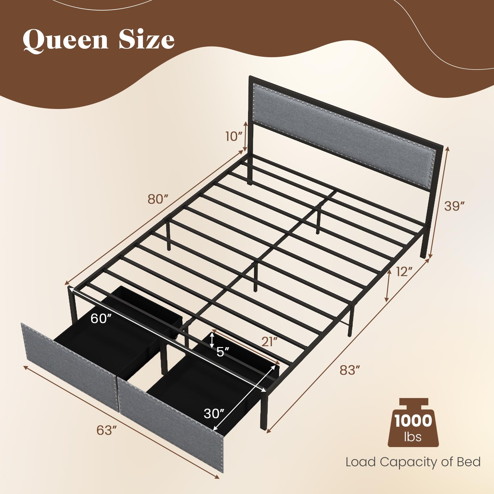 KOMFOTT  Twin/Full/Queen Metal Platform Bed Frame with Storage Drawer