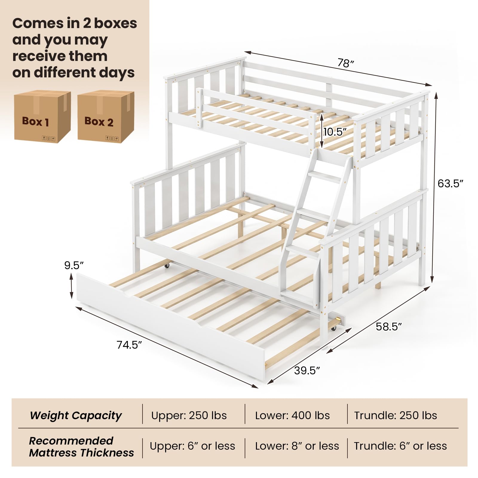 KOMFOTT Convertible 3-in-1 Twin Over Full Bunk Bed with Trundle