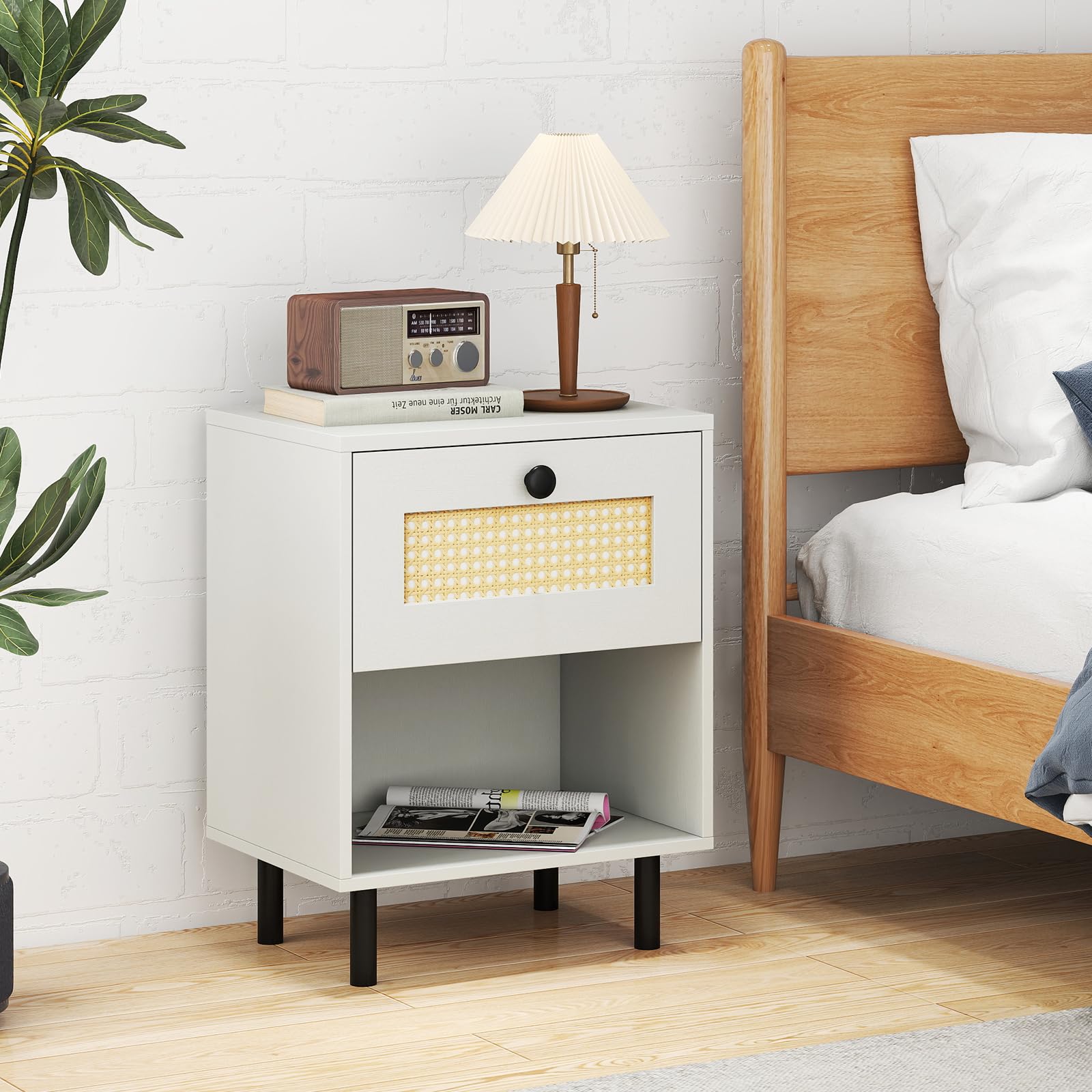 KOMFOTT Rattan Nightstand with Drawer Boho Bedside Table