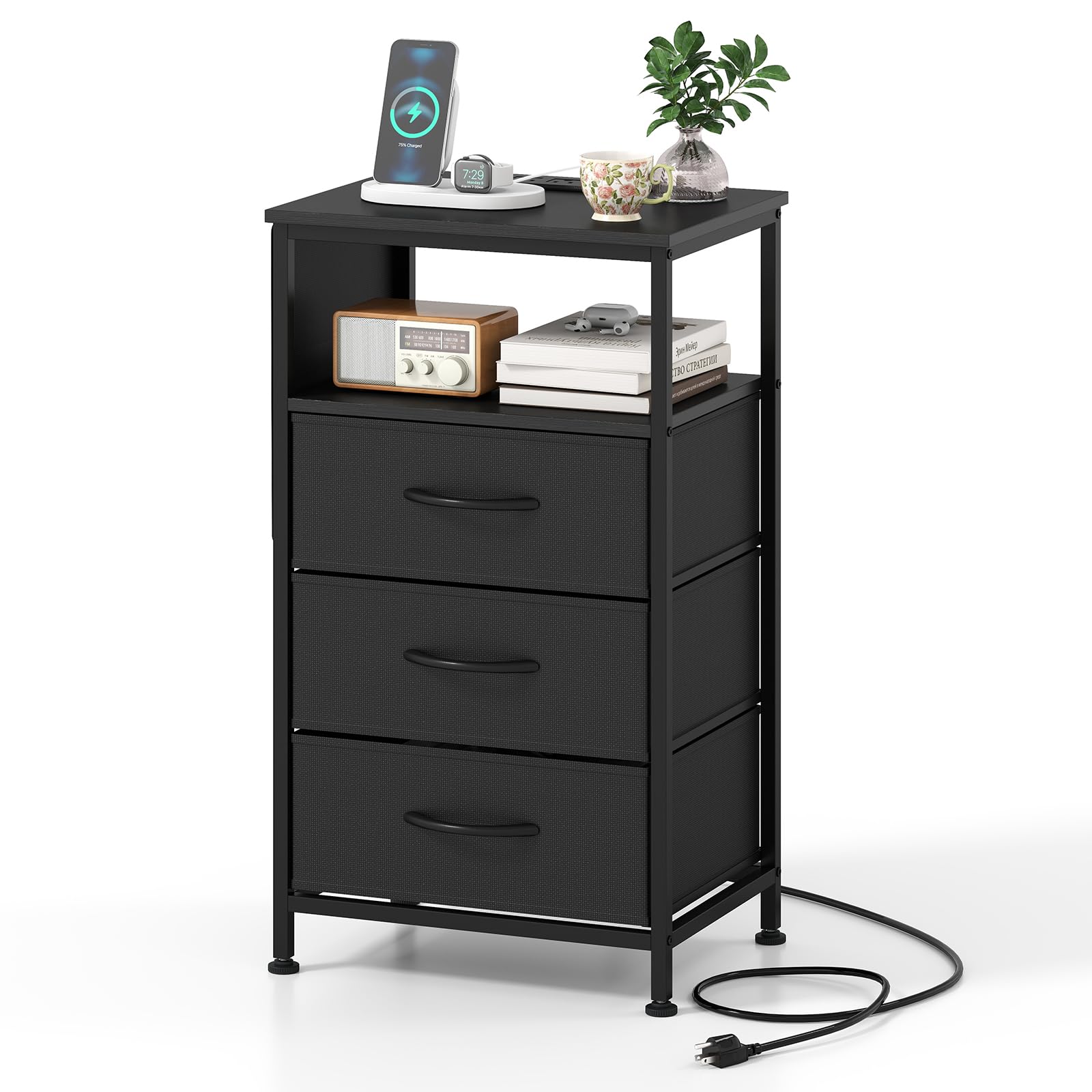 KOMFOTT 1/2 Nightstand with Charging Station 27.5" Modern Bedside Table ( 3 Drawers)