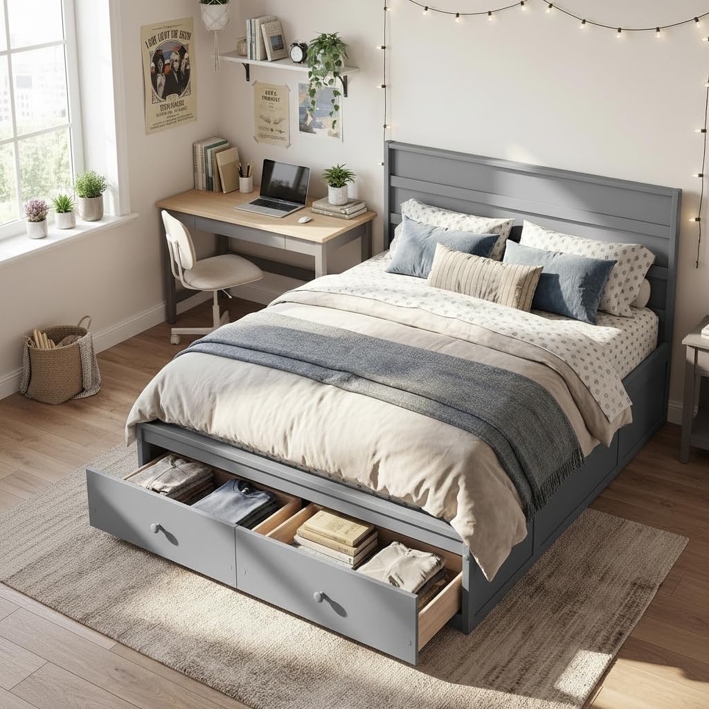 KOMFOTT Twin/Full Size Bed Frame with 2 Storage Drawers