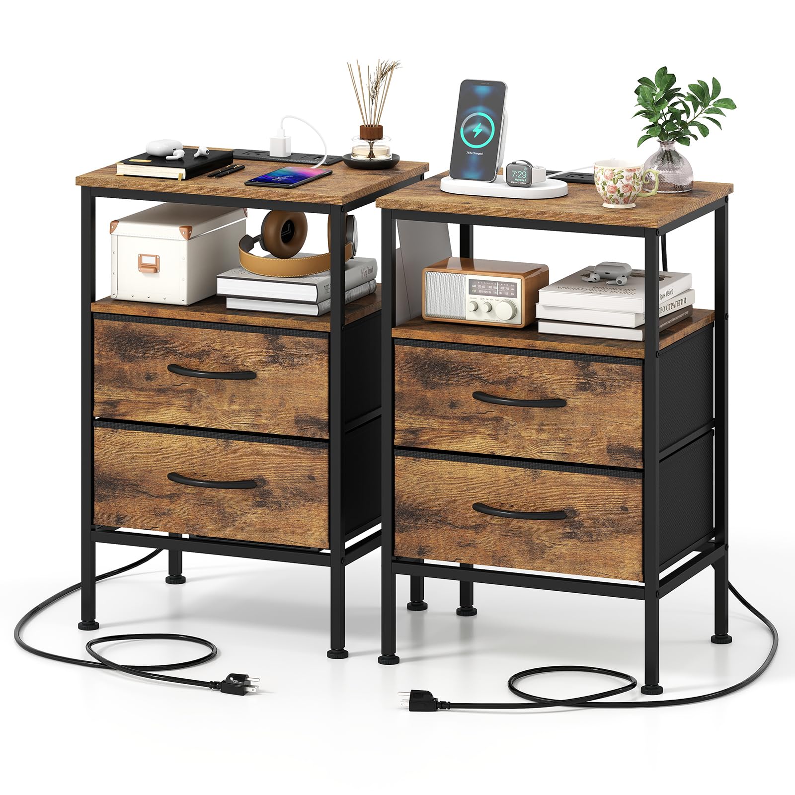 KOMFOTT 1/2 Nightstands with Charging Station 24.5" Modern Bedside Table(2 Drawers)