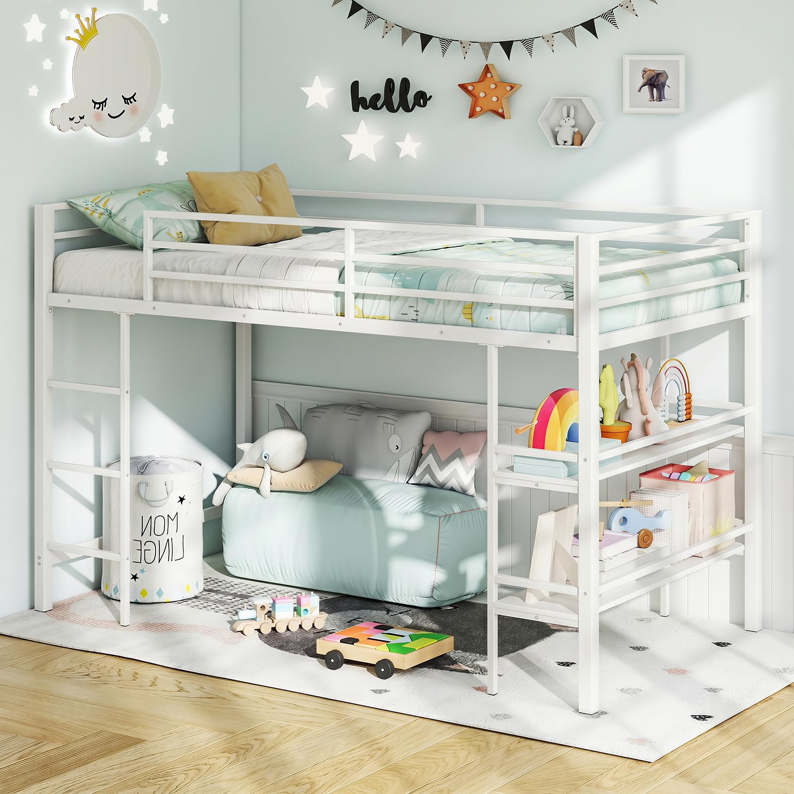 KOMFOTT Twin Size Metal Loft Bed w/Storage Shelves