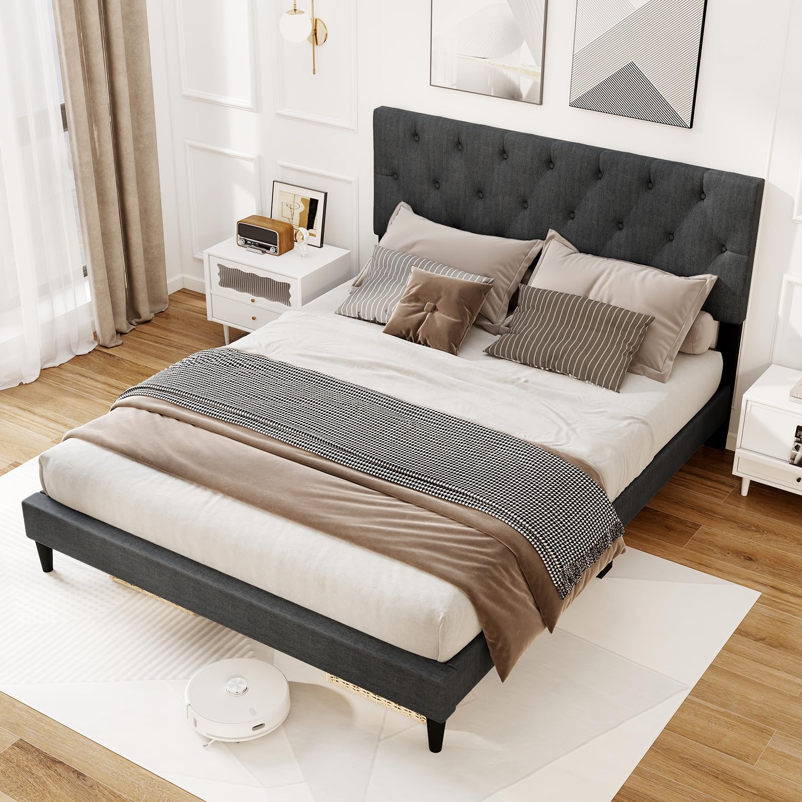 KOMFOTT Upholstered Platform Bed Frame(Diamond Button Tufted)