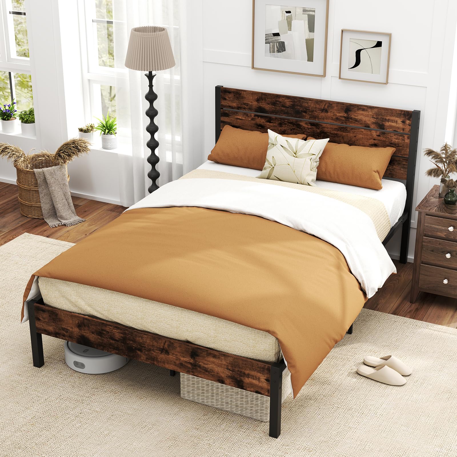 KOMFOTT  Metal Bed Frame Industrial Platform Bed Frame with Headboard