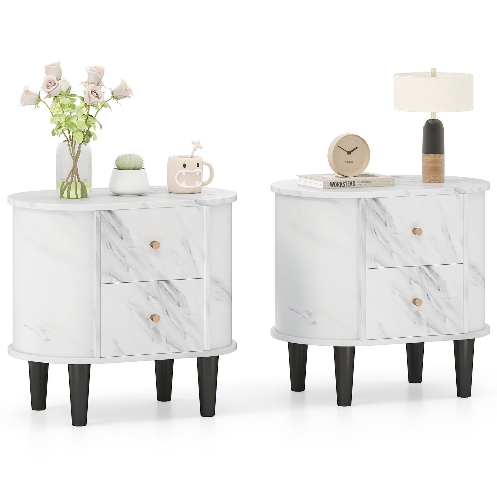 KOMFOTT Oval Faux Marble Nightstand with 2 Drawers