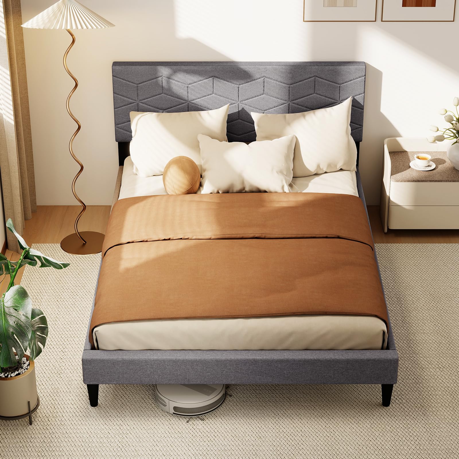 KOMFOTT Upholstered Bed Frame with Linen Fabric Headboard