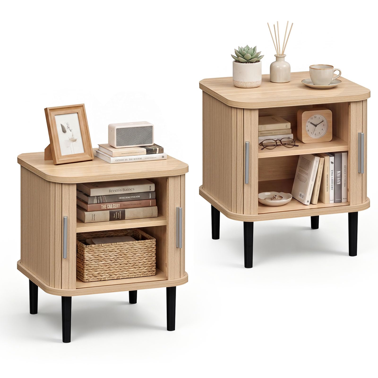 KOMFOTT Fluted Nightstand with Sliding Doors Wood Bedside Table(1/2)