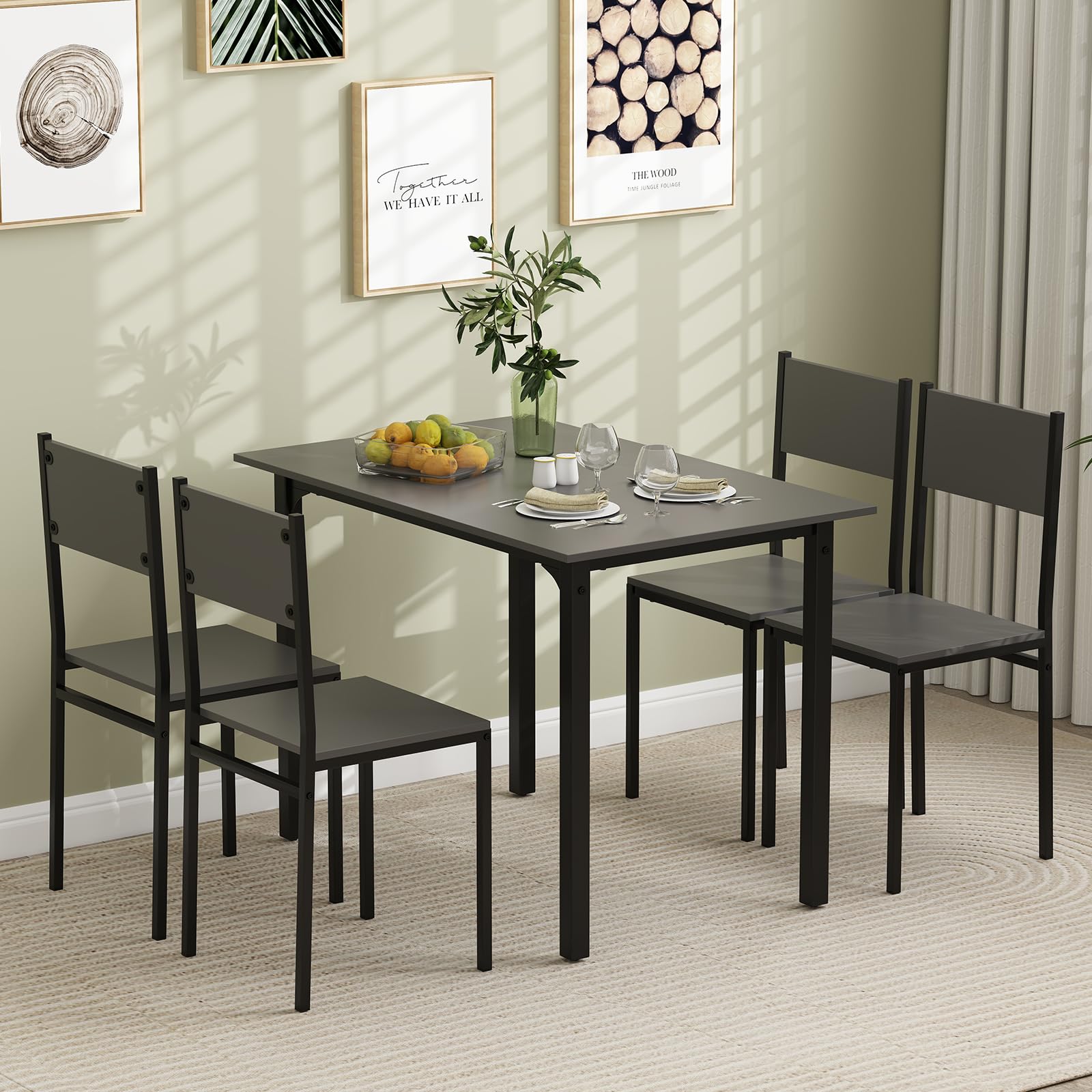 KOMFOTT 5-Piece Dining Table Set, Industrial Kitchen Table and Chairs for 4 with Backrest and Metal Frame