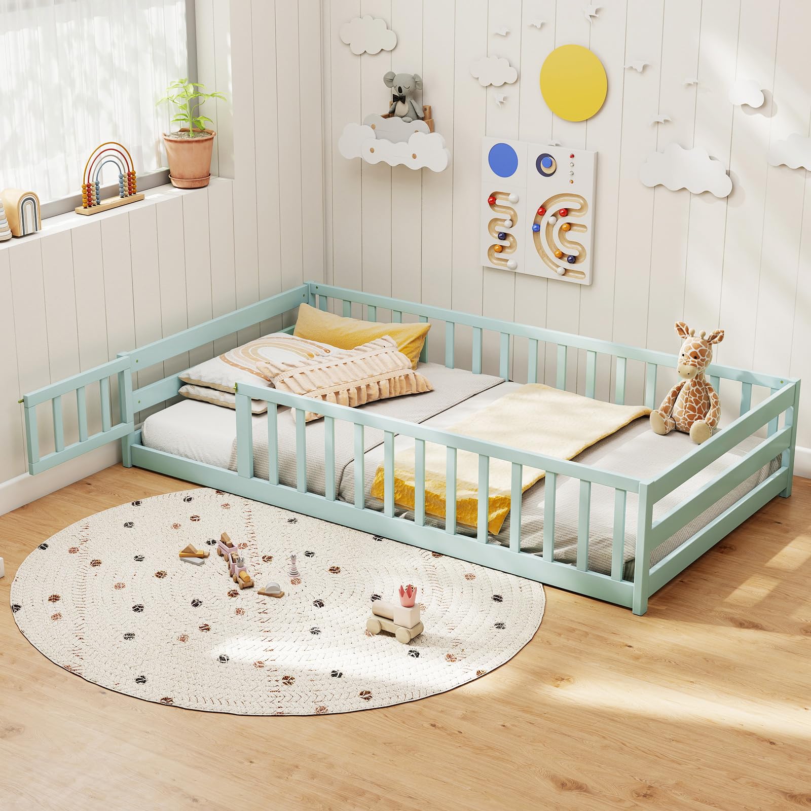 KOMFOTT Twin Floor Bed with Door & Fence, Kids Wood Montessori Bed with Safety Guardrails