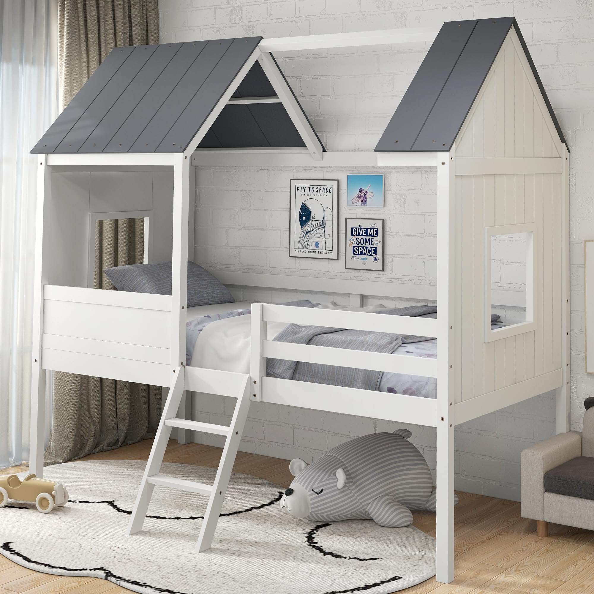 KOMFOTT Twin House Bed Wood Kid’s Low Loft Bed Frame