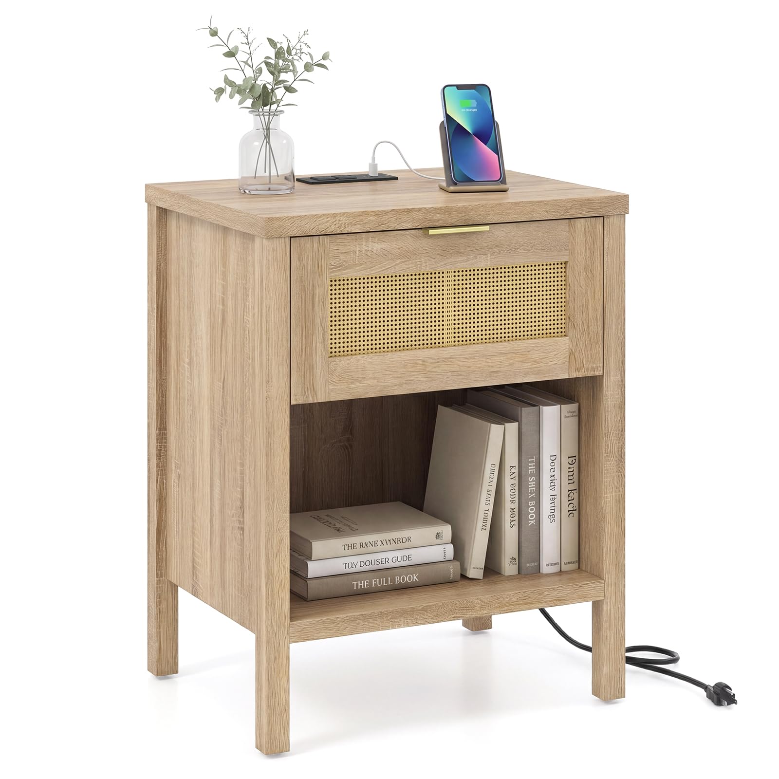 KOMFOTT Rattan Nightstand with Charging Station