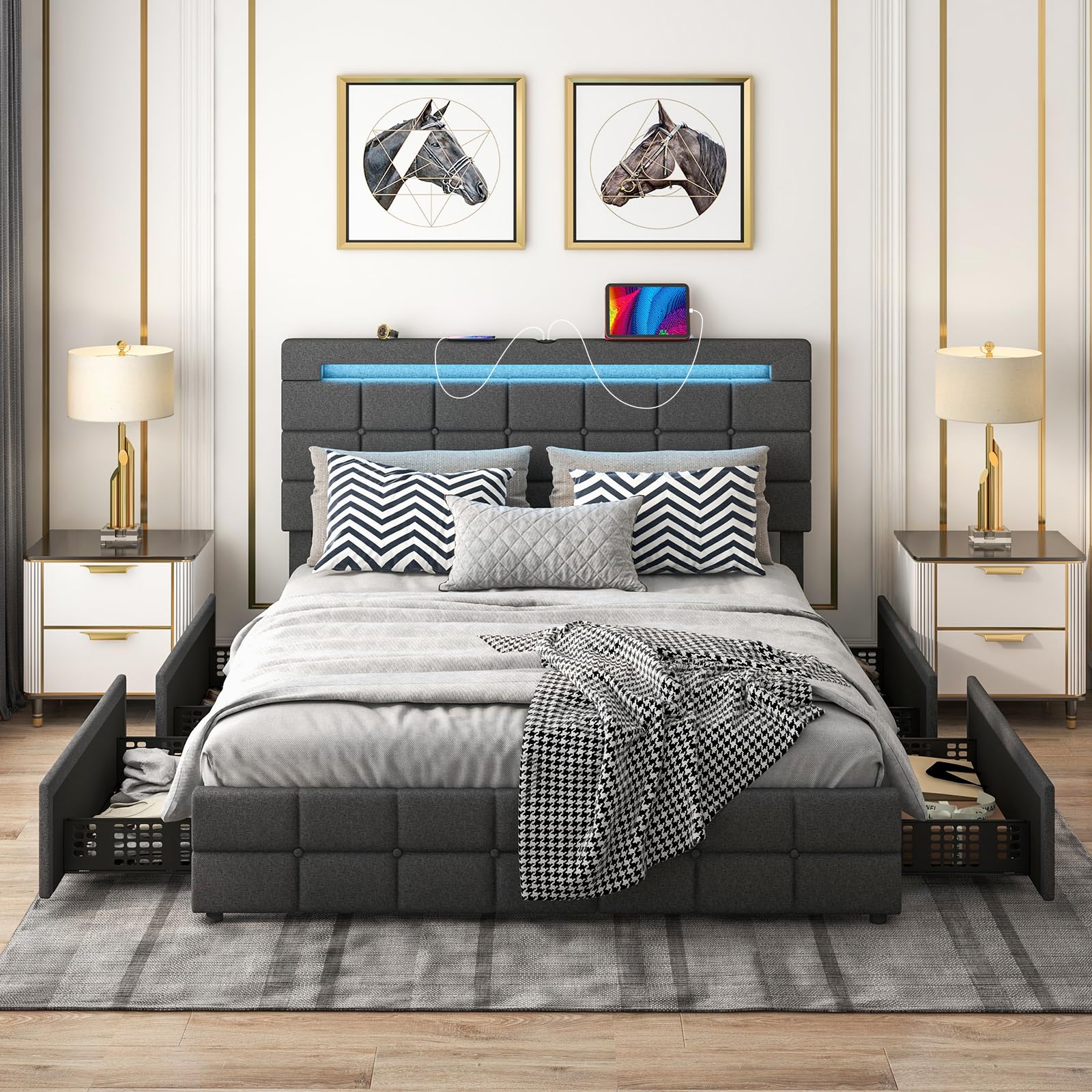 KOMFOTT Upholstered Bed Frame with LED Lights and 4 Drawers, Height Adjustable Headboard with USB Ports - Queen, image size:1600x1600