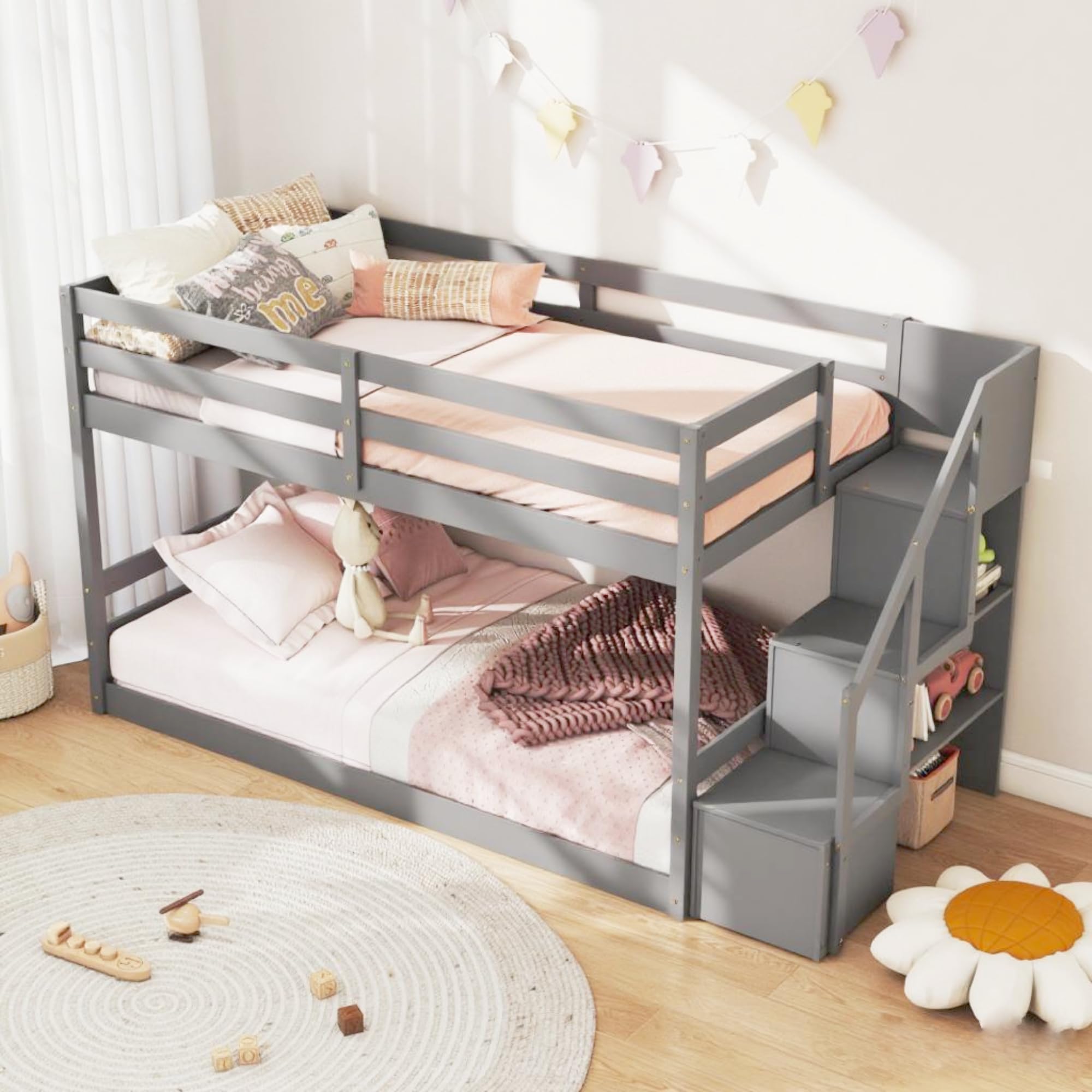 KOMFOTT Wood Twin Over Twin Low Bunk Bed with Storage Staircase