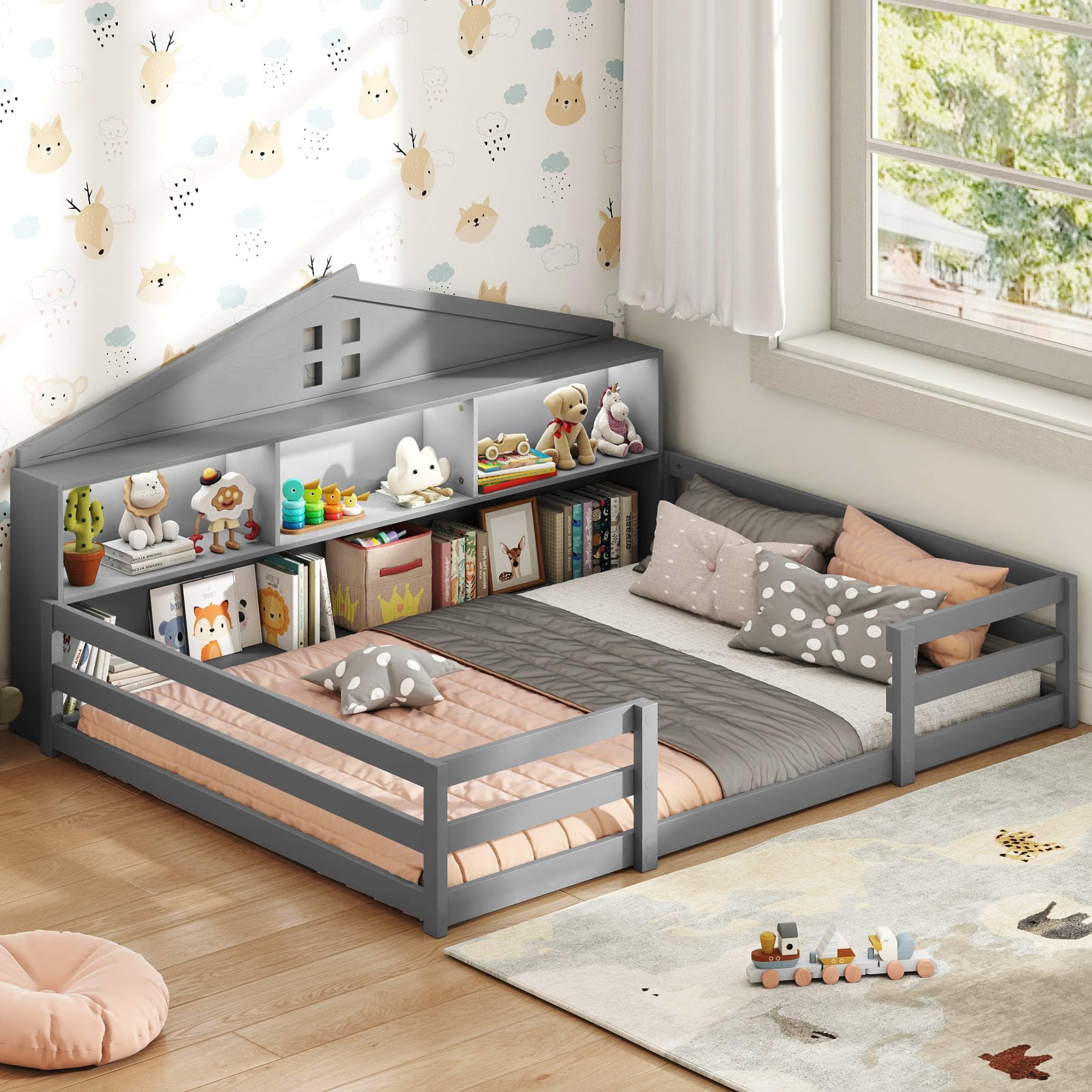 KOMFOTT Bed with Bookcase & LED Light Wood Bed Frame