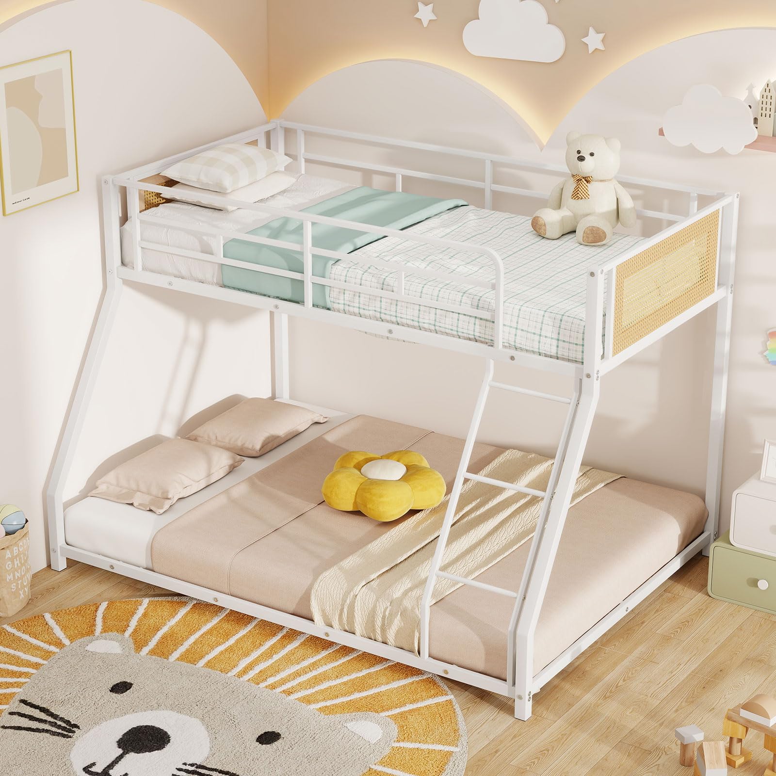 KOMFOTT Metal Bunk Bed Twin Over Full Low Profile Boho Rattan Bunk Bed