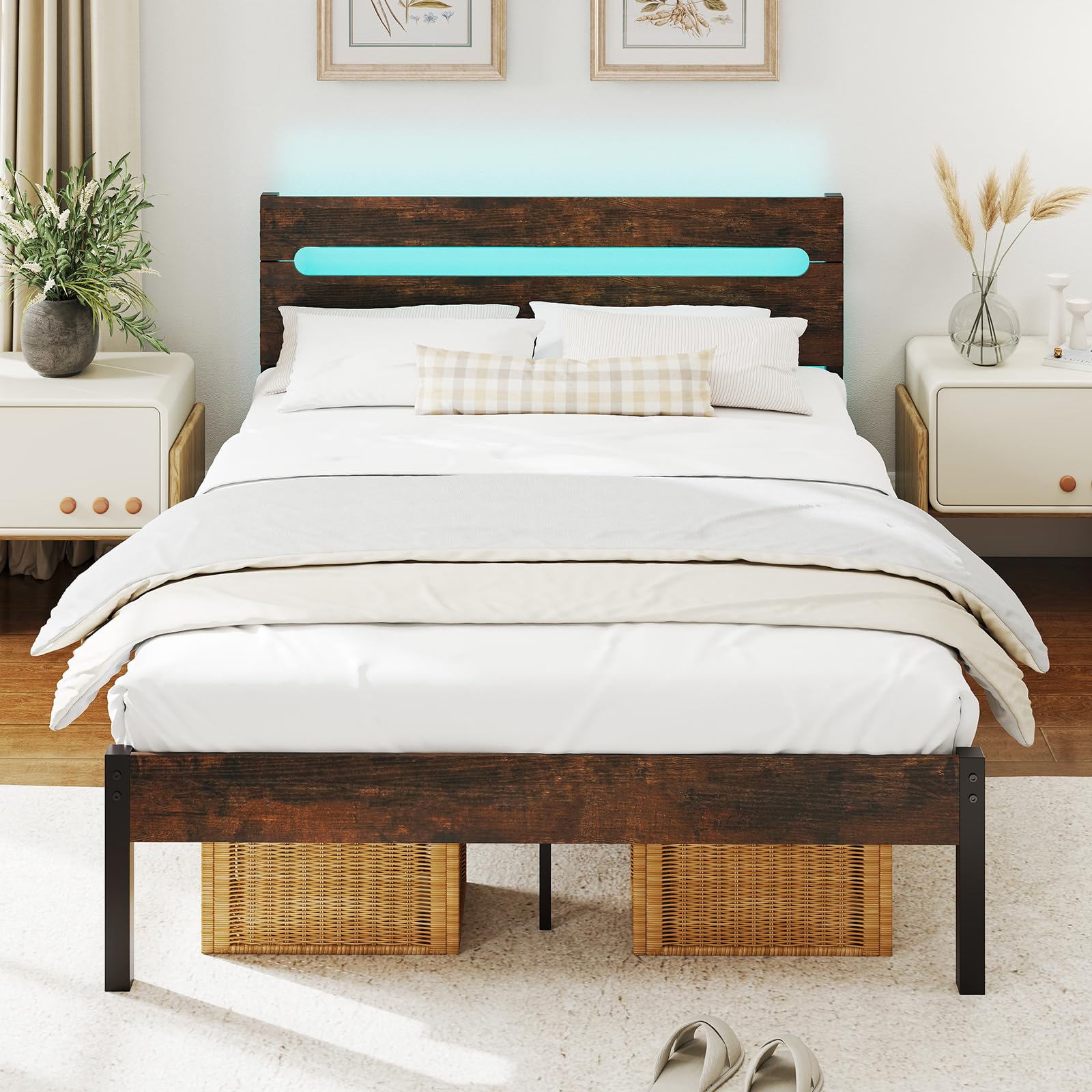 KOMFOTT Full Metal Bed Frame with Headboard & Charging Station