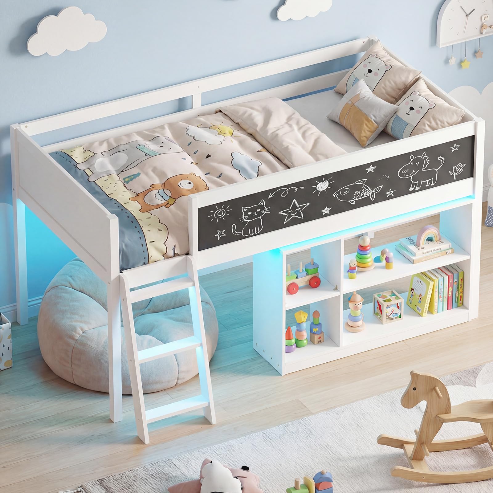 KOMFOTT Twin Size Low Loft Bed with LED Lights