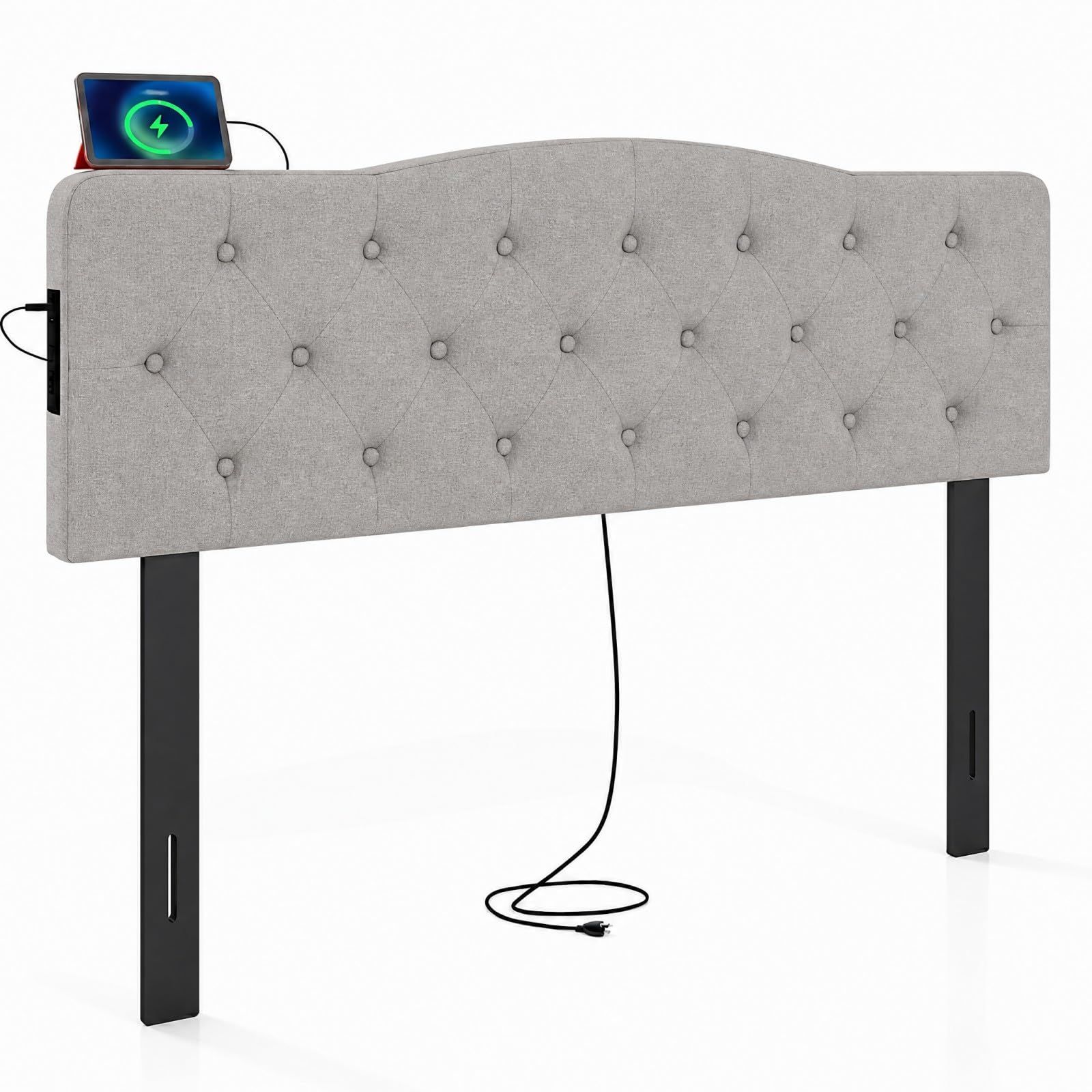 KOMFOTT Modern Headboard with Charging Station for Queen & Full Bed(Curved Button Tufted)
