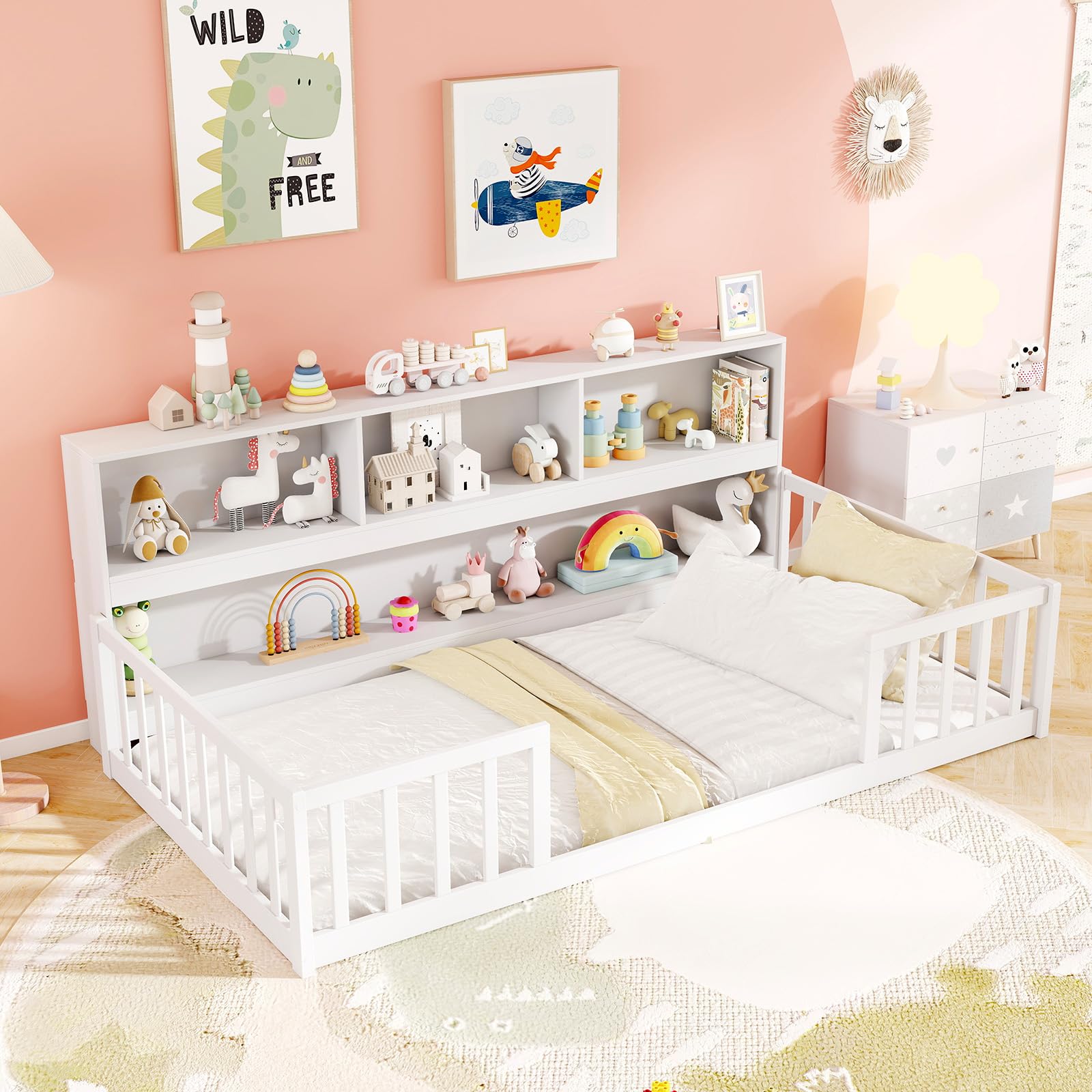 KOMFOTT Twin Floor Bed with Bookcase & Shelves