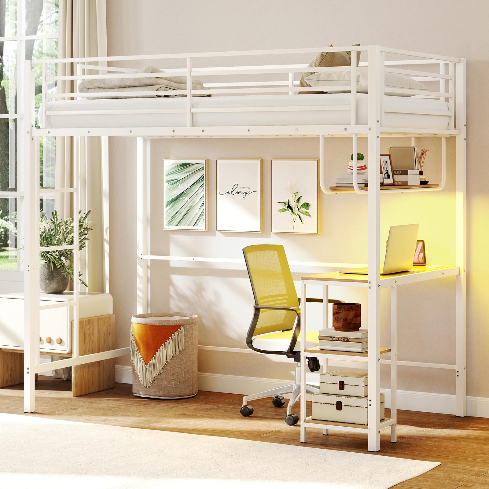 KOMFOTT Twin Loft Bed with Desk LED Lights Charging Station