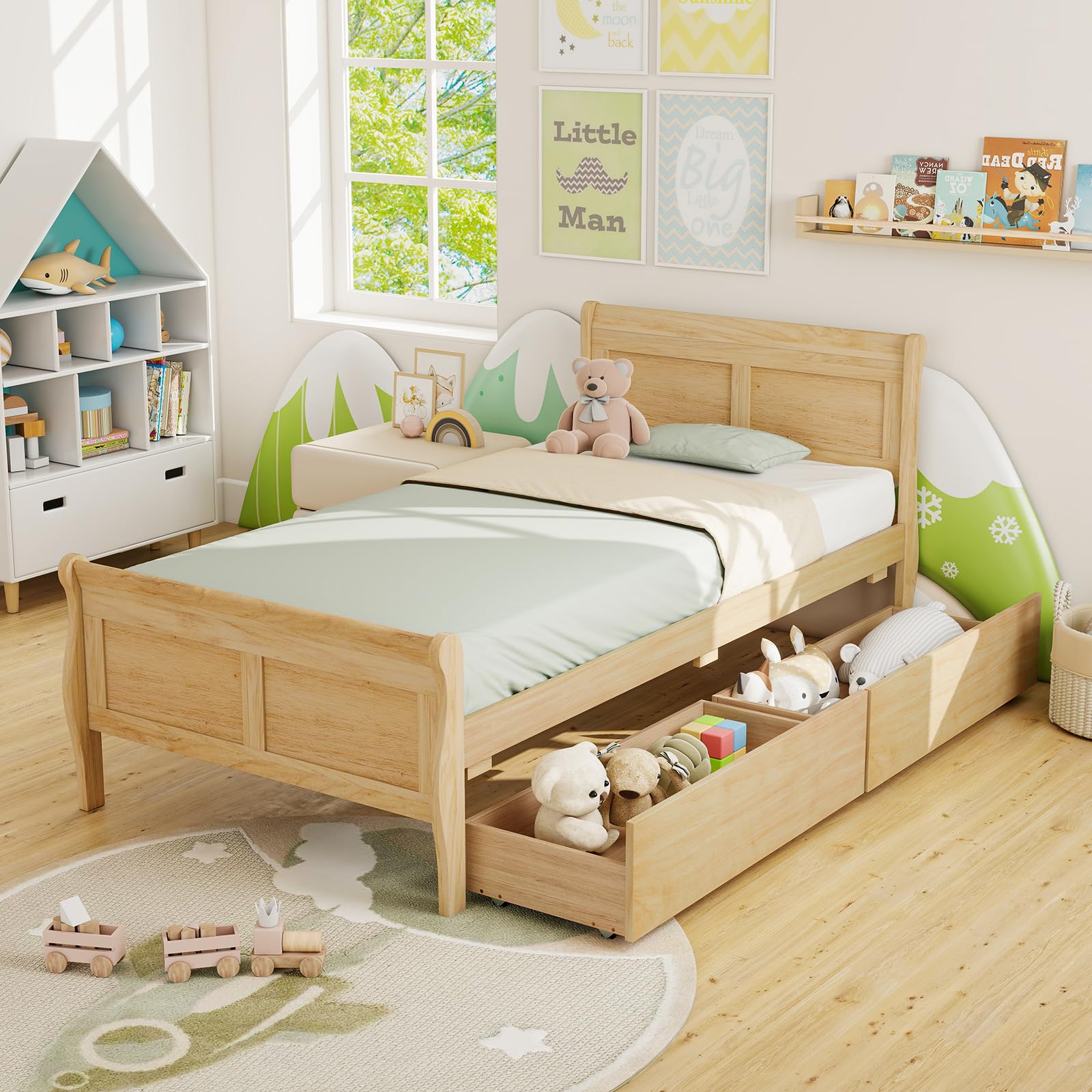 KOMFOTT Twin Size Sleigh Wood Bed Frame with 2 Storage Drawers