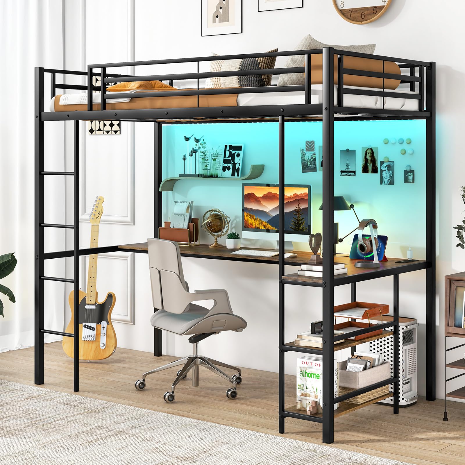 KOMFOTT Twin Size Loft Bed with L-Shaped Desk & Storage Shelves