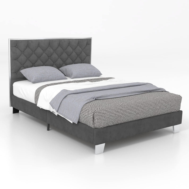 KOMFOTT Queen Full Size Upholstered Bed Frame, Platform Bed Frame with Button Tufted Headboard