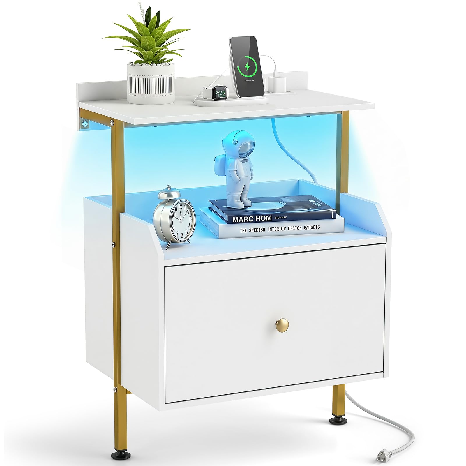KOMFOTT Nightstand with LED Lights & Charging Station (21" x 16" x 29.5")