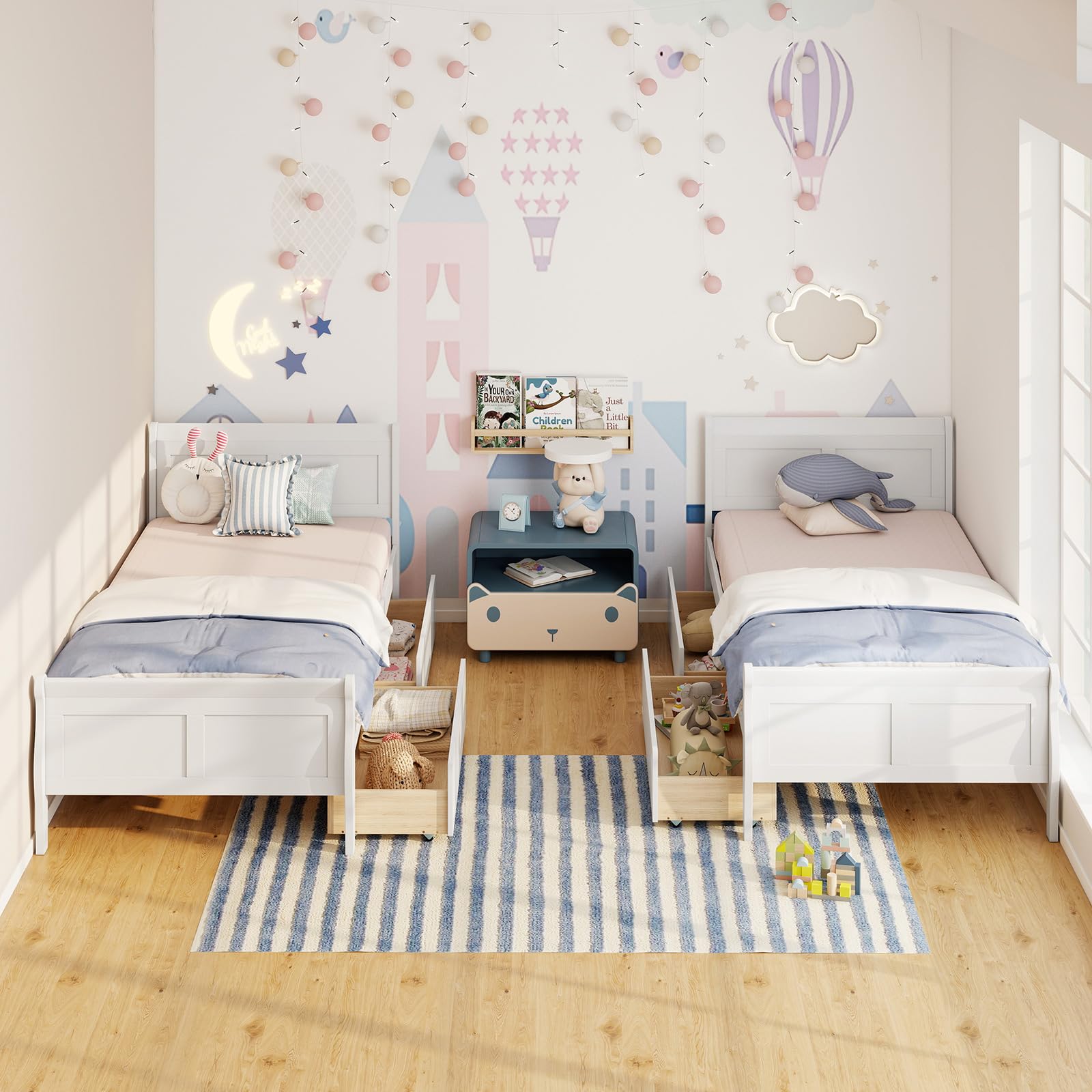 KOMFOTT Twin Size Sleigh Wood Bed Frame with 2 Storage Drawers