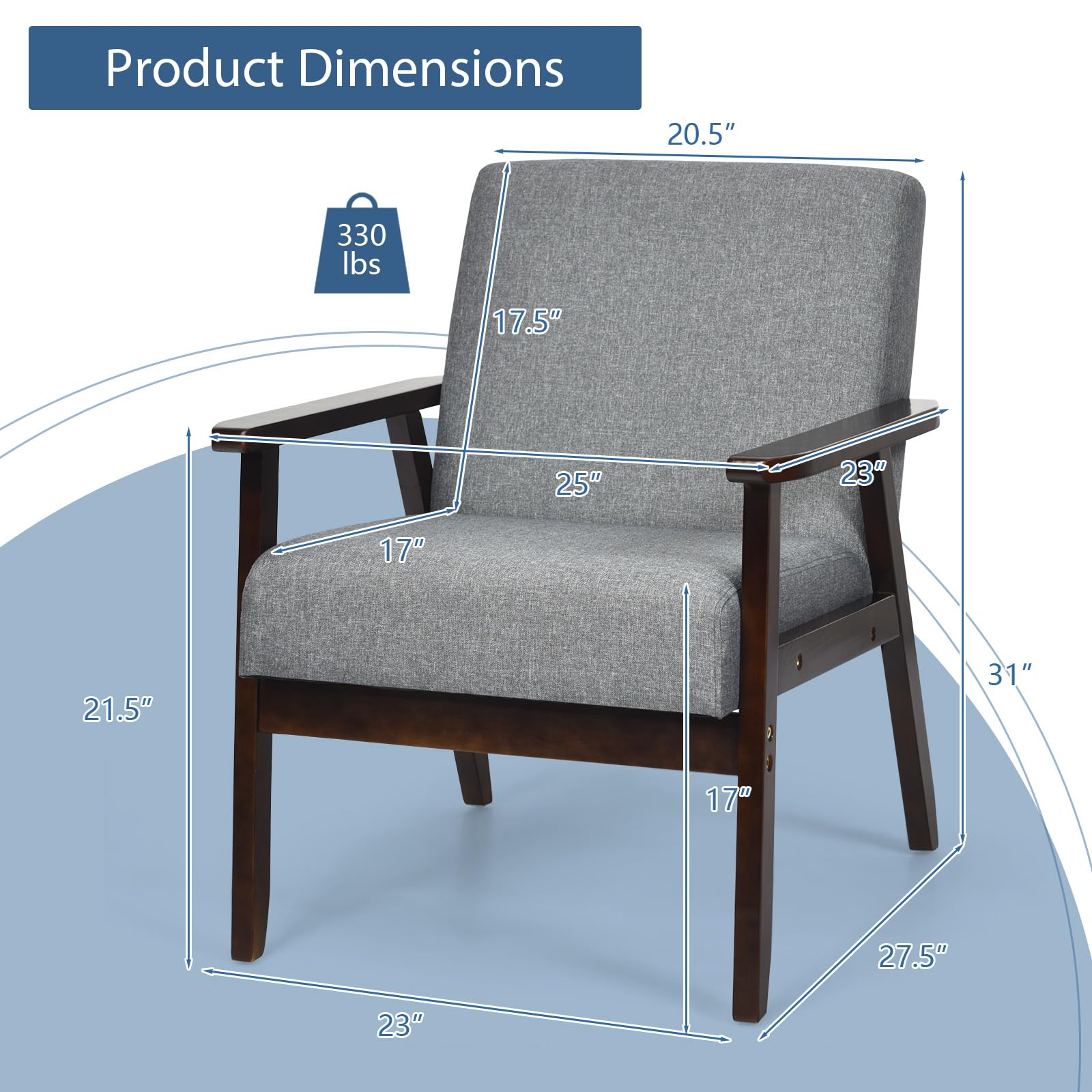 KOMFOTT Armrest Accent Chair, Upholstered Linen Fabric Lounge Chair with Rubber Wood Legs, Comfortable Backrest