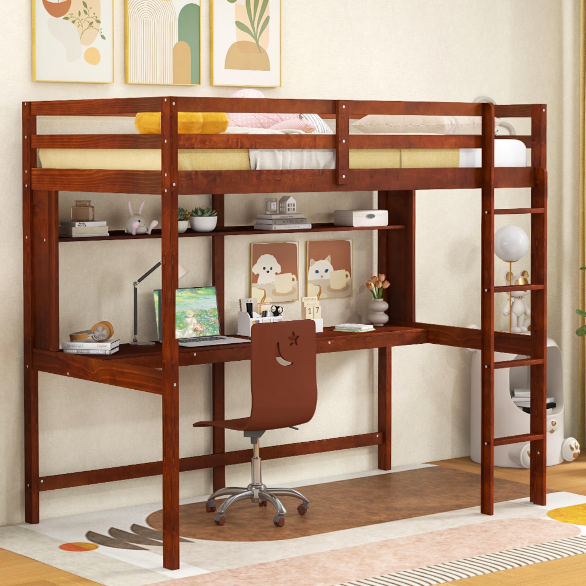KOMFOTT Twin Loft Bed with Desk Wood Loft Beds for Kids