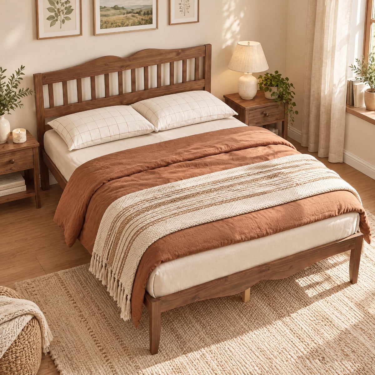 KOMFOTT Full/Queen  Size Bed Frame Farmhouse Wooden Bed with Slatted Headboard(Curved Slatted Headboard)