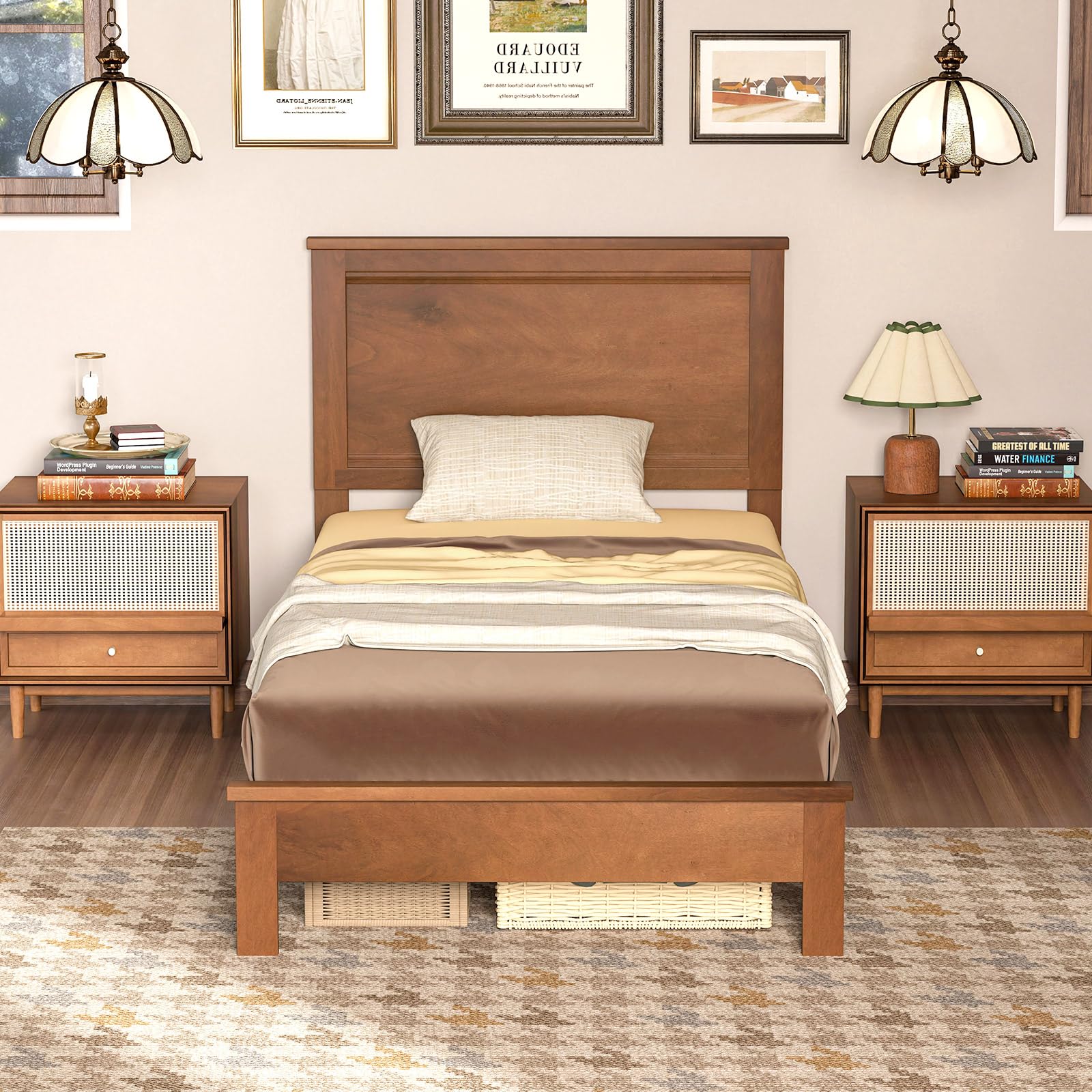 KOMFOTT Mid-Century Modern Platform Bed with Headboard, Solid Wood Legs