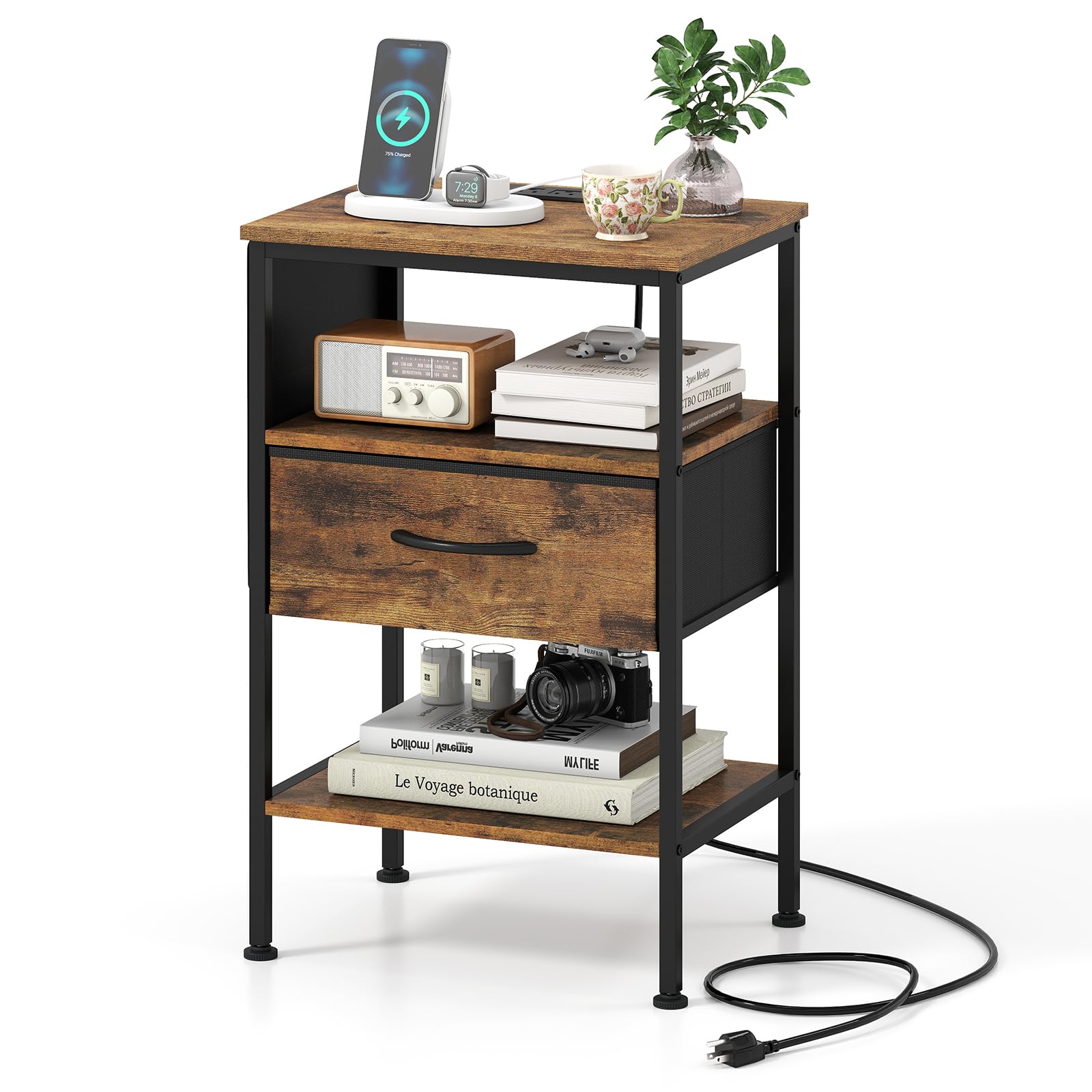 KOMFOTT 1/2 Nightstand with Charging Station 24.5" Modern Bedside Table(1 Drawer)