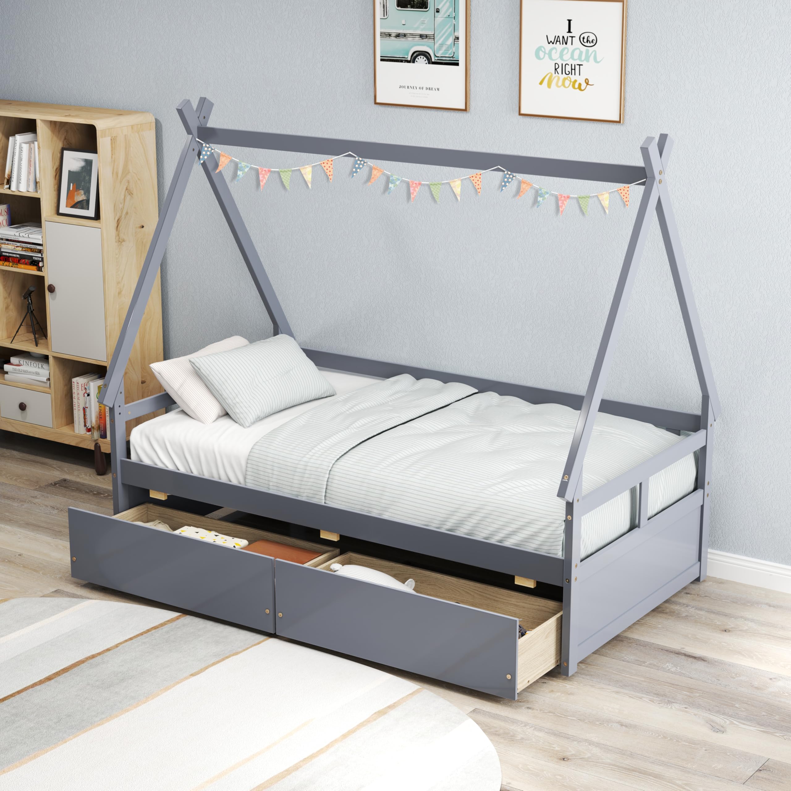 KOMFOTT Twin House Bed with 2 Storage Drawers(Twin with Drawers)