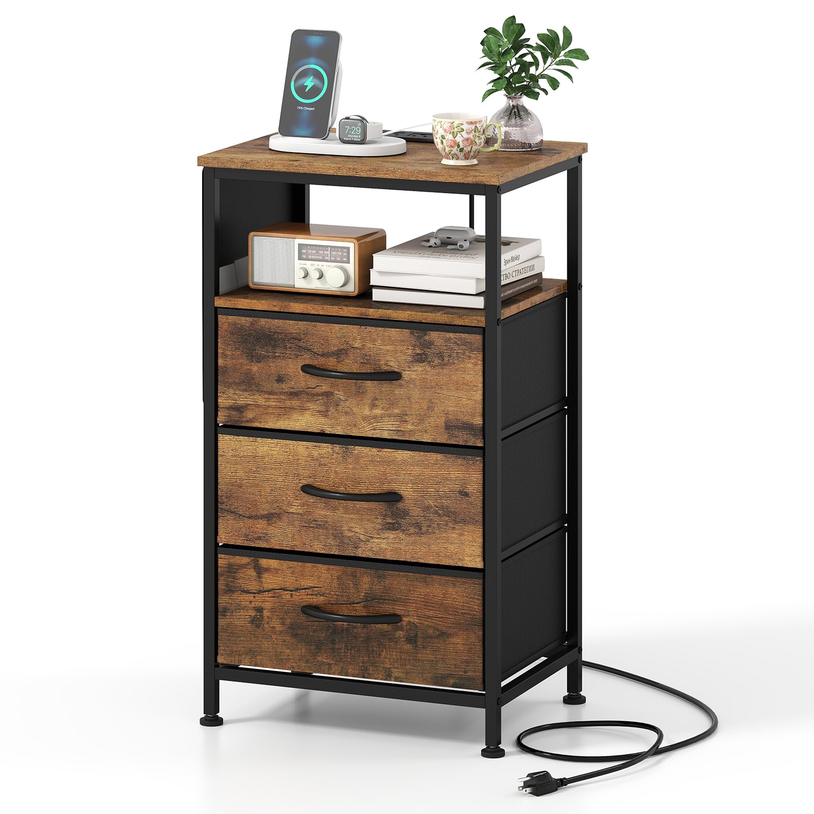 KOMFOTT 1/2 Nightstand with Charging Station 27.5" Modern Bedside Table ( 3 Drawers)