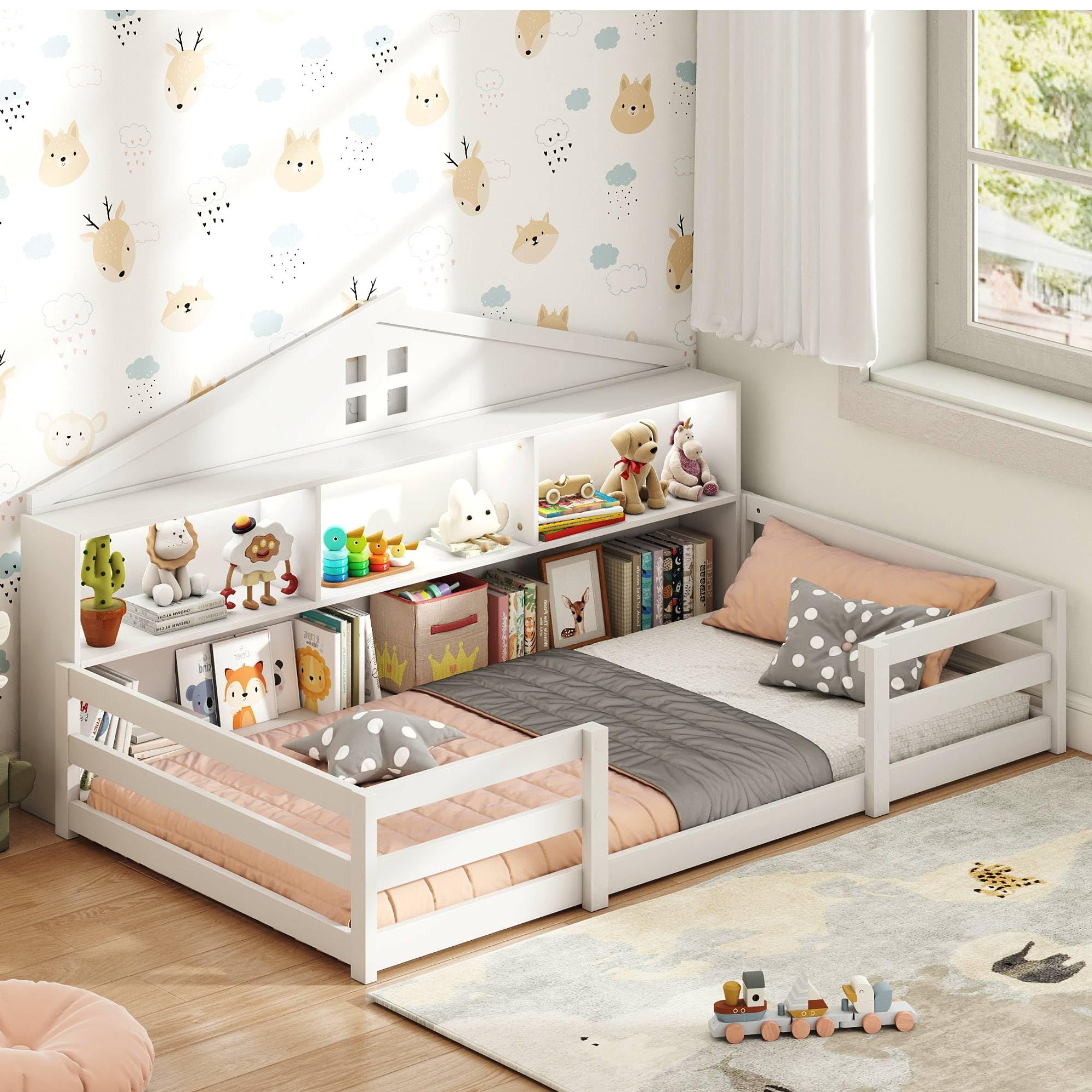 KOMFOTT Bed with Bookcase & LED Light Wood Bed Frame