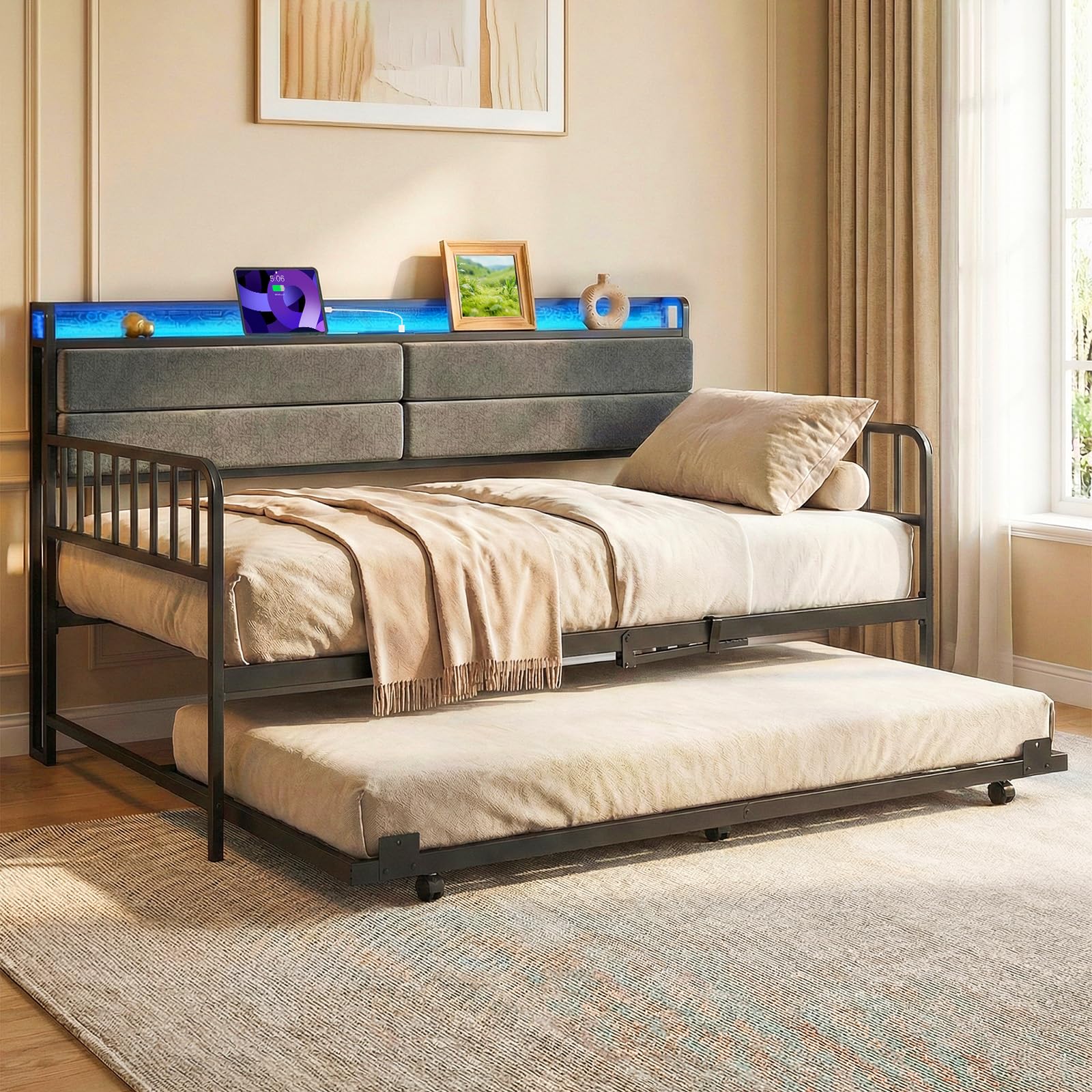 KOMFOTT Twin Size Daybed with Trundle & LED Light