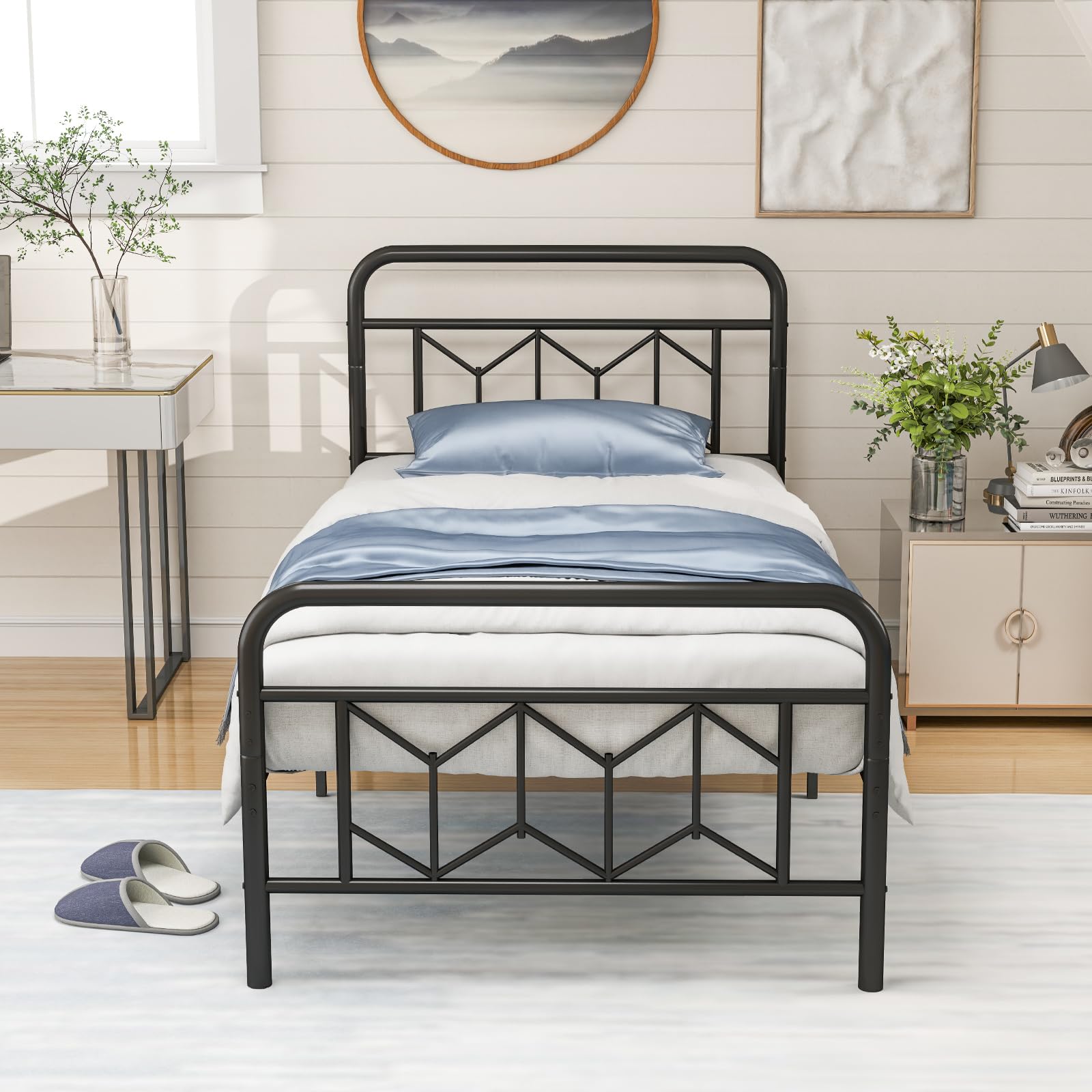 KOMFOTT Metal Bed Frame with Headboard & Footboard Heavy Duty Platform Bed