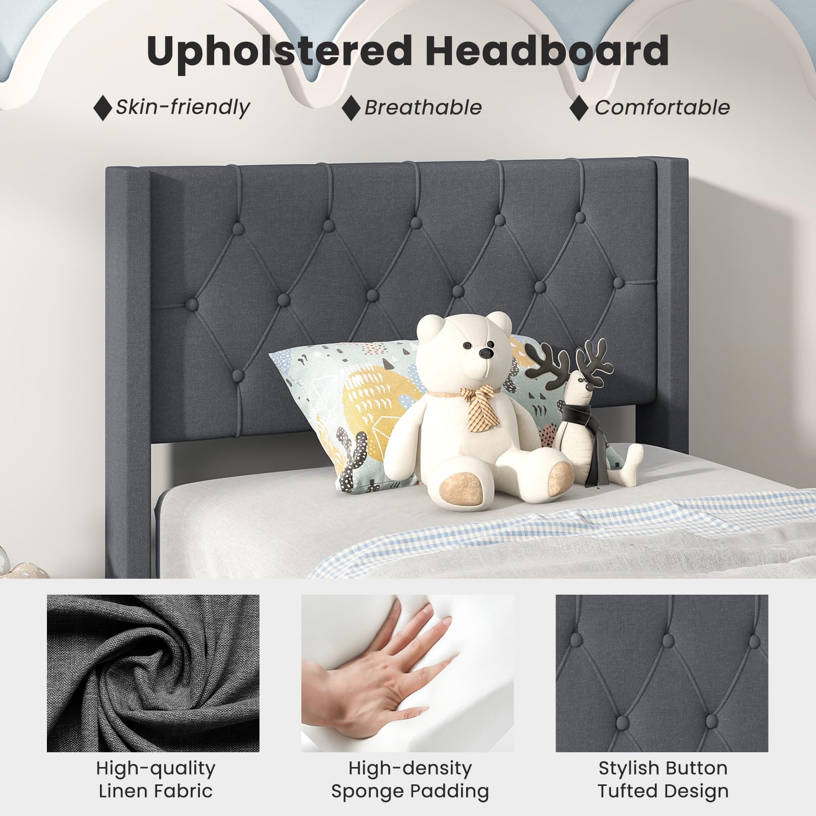 KOMFOTT Twin/Queen Size Upholstered Platform Bed with Button Tufted Wingback Headboard